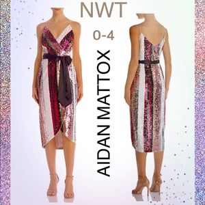 AIDAN MATTOX sequin wrap dress party pink multi stripe authentic new midi luxury